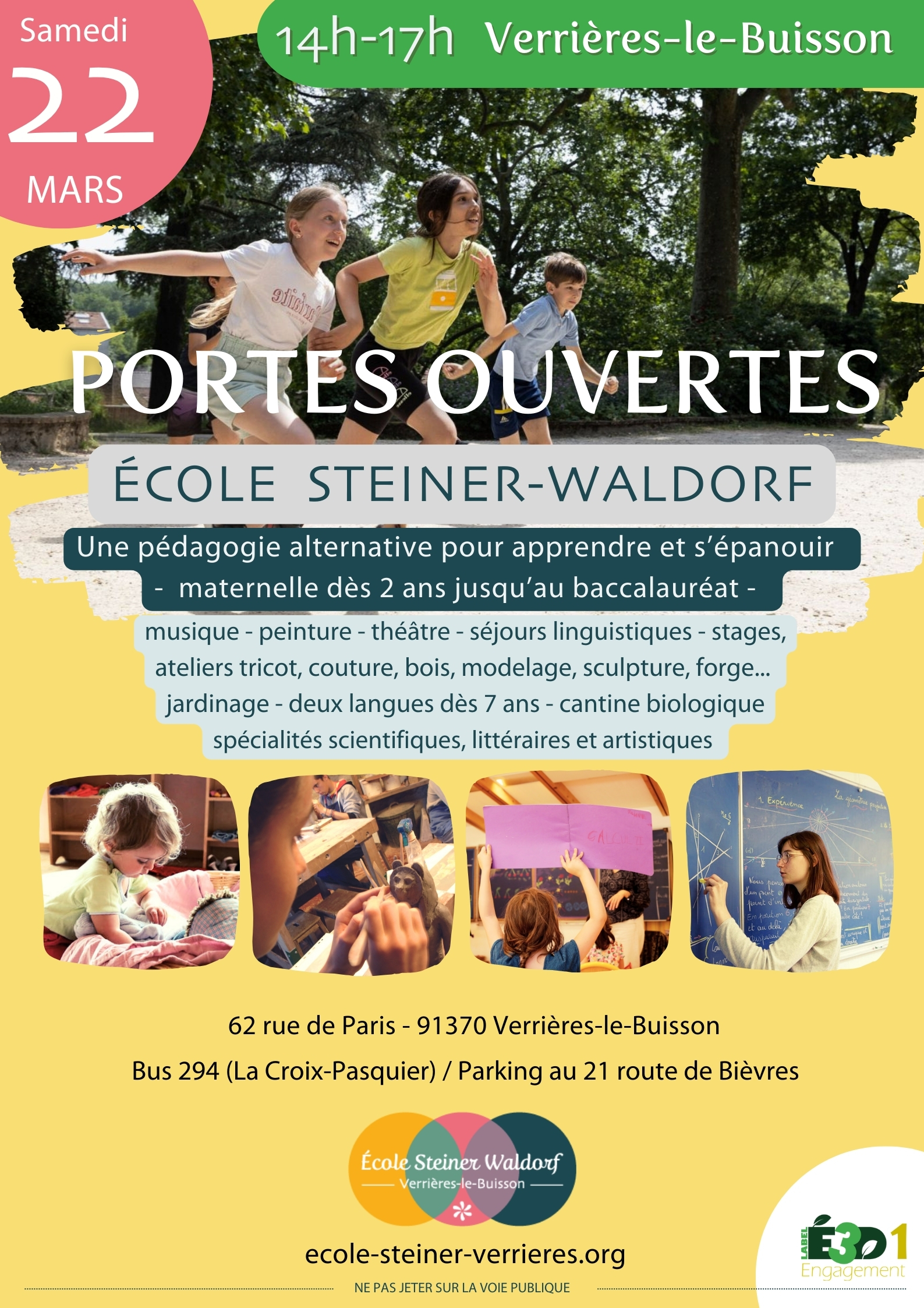 affiche pour portes ouvertes 22 mars 2025 école steiner verrieres-le-buisson